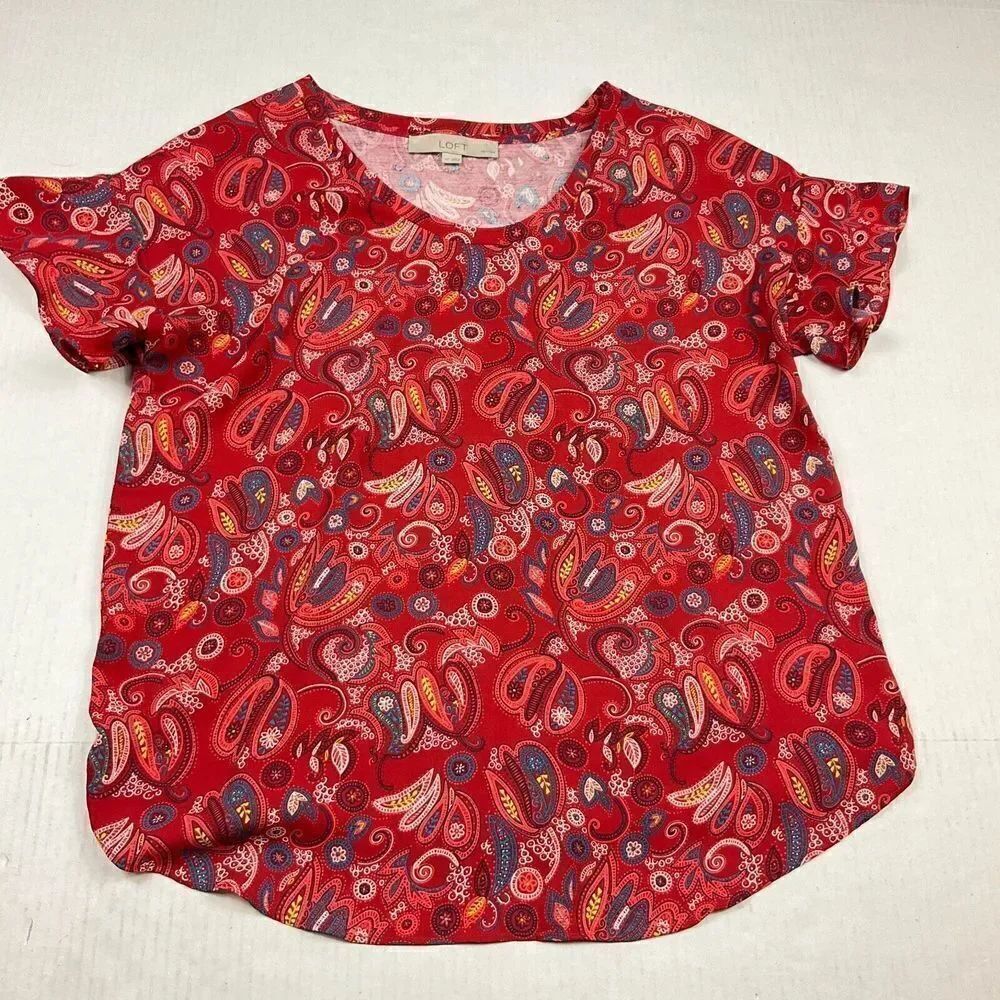 LOFT Lightweight Blouse Red Paisley Short Sleeve Casual Relaxed Fit Top Shirt PS